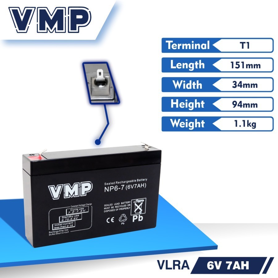 INSTANT SAMEDAY. Baterai VMP 6V 7AH 20Hr Battery Aki UPS Mainan Mobil Motor Anak Inverter