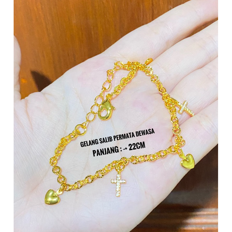 GELANG TANGAN WARNA EMAS SALIB PERMATA IMITASI