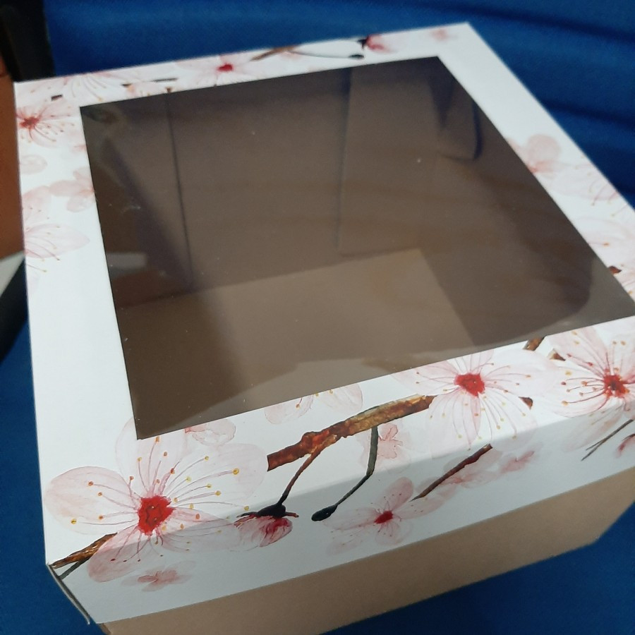 

( 10 pcs ) box packaging kue jendela mika motif bunga ceri kotak hampers kue tart kue ulang tahun brownis ukuran 22 cm