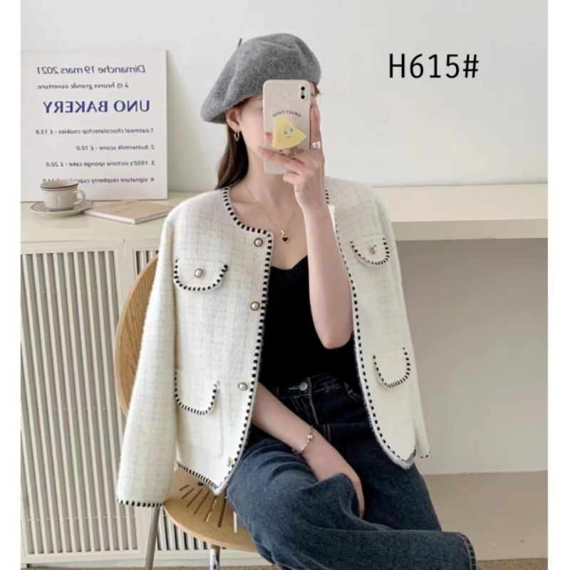 H315 Baju outer luaran OLENA TWEED FUR CARDIGAN premium hitam putih Korean style wanita import baju 