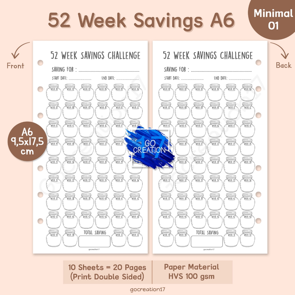 

Buku Planner Refill Kertas Isi Binder 52 Week Saving Challenge Tantangan Nabung Simple Minimalis A6