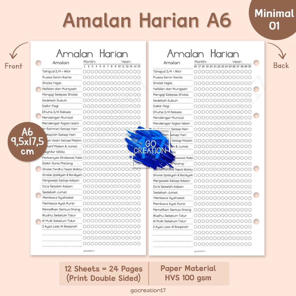 

Buku Planner Refill Kertas Isi Binder Amalan Harian Tracker Simple Minimalis A6