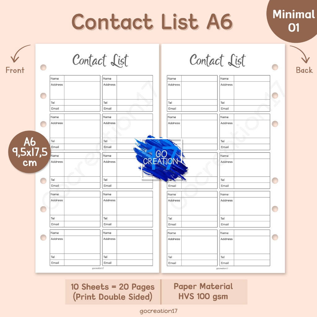

Buku Planner Refill Kertas Isi Binder Contact List Simple Minimalis A6