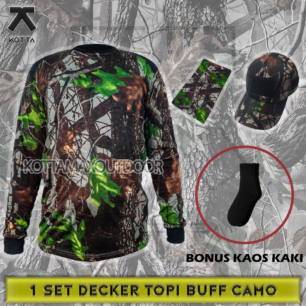 SATU SET BAJU KAOS DECKER TOPI MASKER BUFF KAMUFLASE RANTING DAUN CAMO PERBAKIN