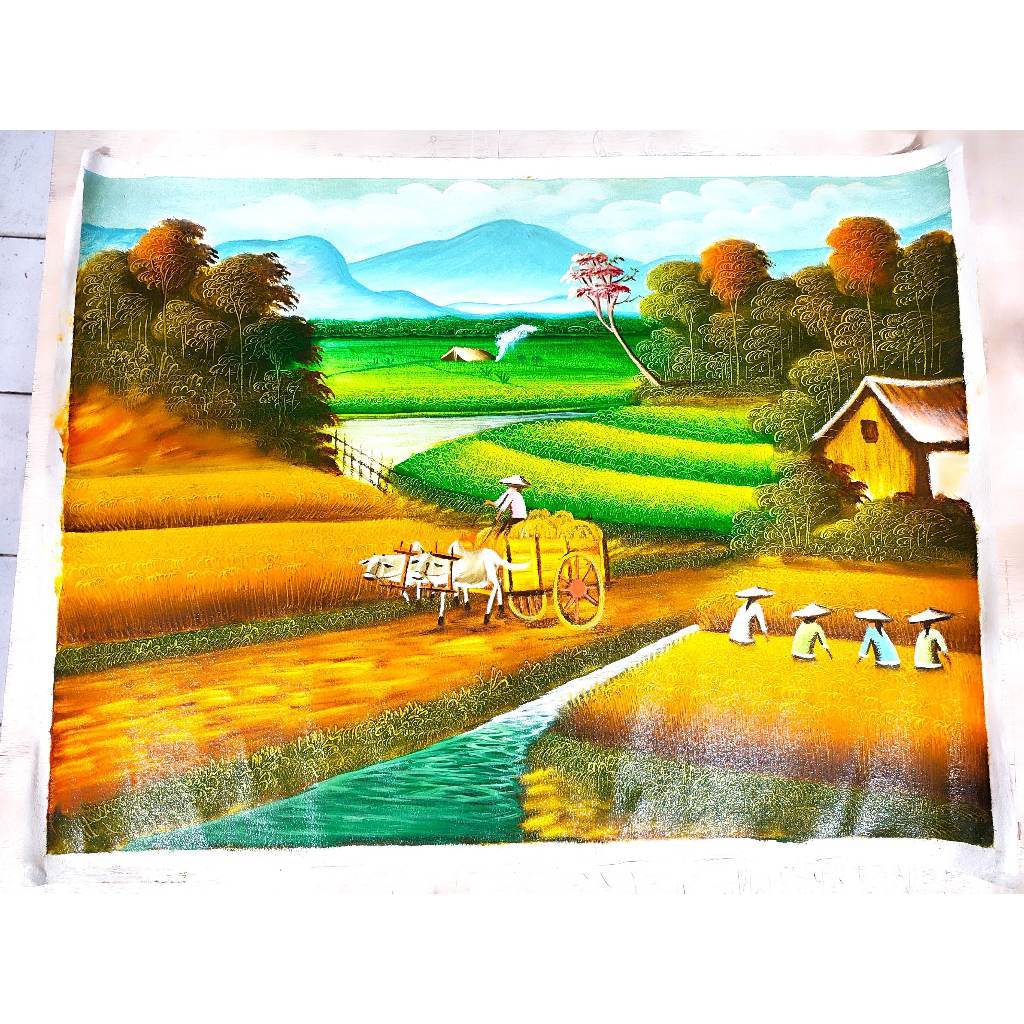 Lukisan Tangan Pemandangan Alam Bunga Hewan Kain Canvas Ukuran 60x80 cm
