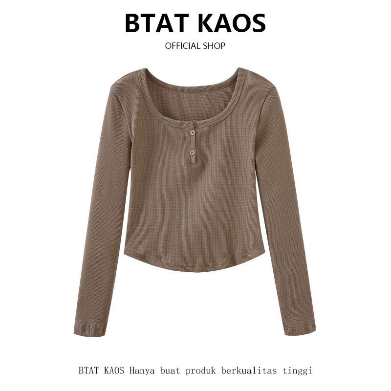 BTAT Atasan Longsleeve Kancing Depan Wanita Kekinian / Kaos Crop Polos Rib Korean