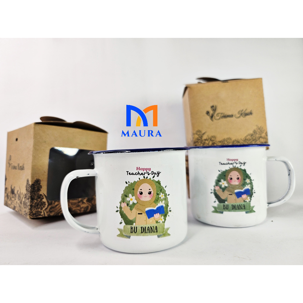 Souvenir Gelas Enamel Sablon Full Color Cangkir Kopi Jadul Mug Gagang Kaleng Kemas Besek