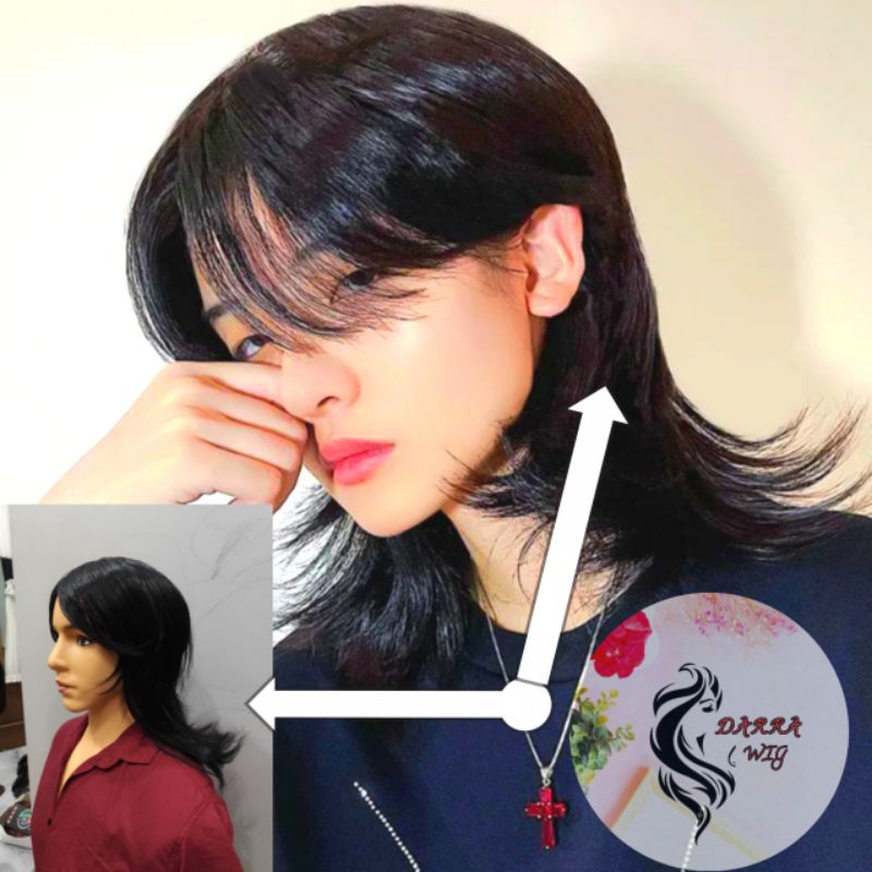 RAMBUT PRIA MULLET PANJANG HITAM/ WIG MULLET PRIA VIRAL