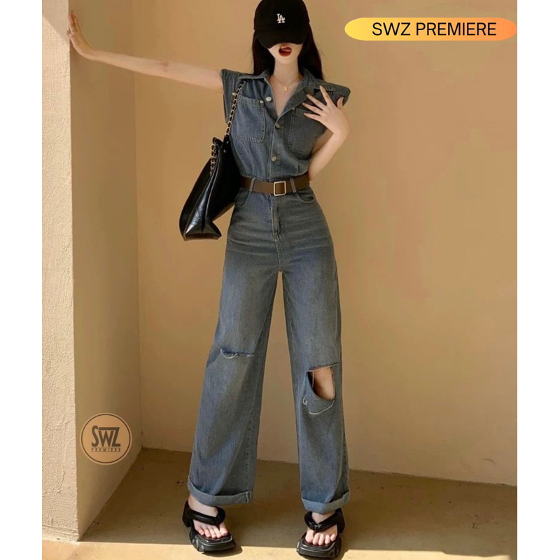 SWZ 08 - Jumpsuit Denim/ Jumpsuit Ripped/ Jumpsuit Sleeveless Denim/ Jumpsuit Premium/ Jumpsuit belt