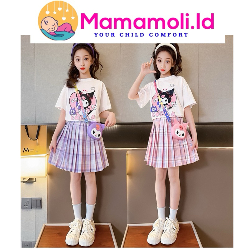 Setelan Anak Cewek One Set 2 in 1 Baju + Rok Plisket 3 thn - 12 tahun Remaja Tanggung Motif Kuromi