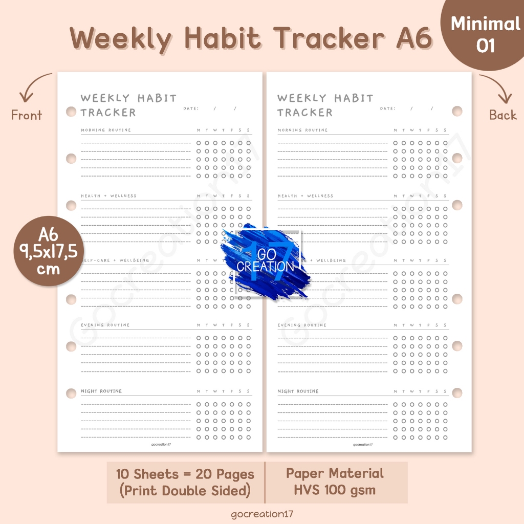 

Buku Planner Refill Kertas Isi Binder Weekly Habit Tracker Simple Minimalis A6