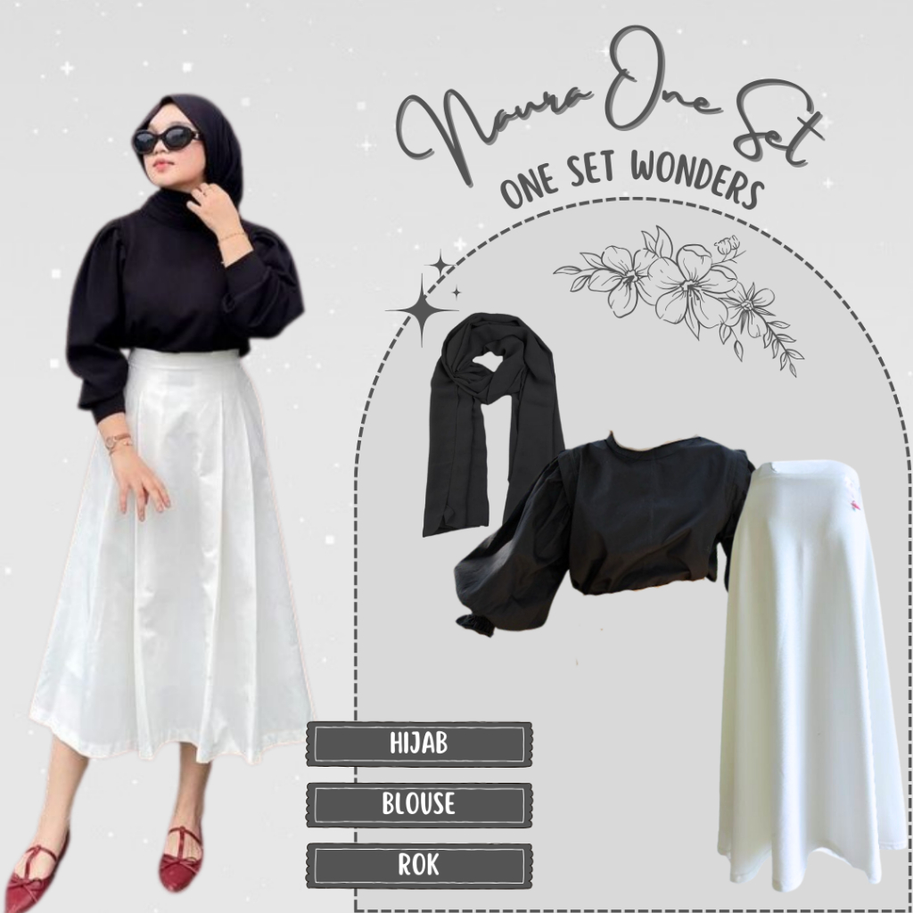 One Set - Hijab Style Wanita Kekinian | Pashmina + blouse + Rok Payung | RF119