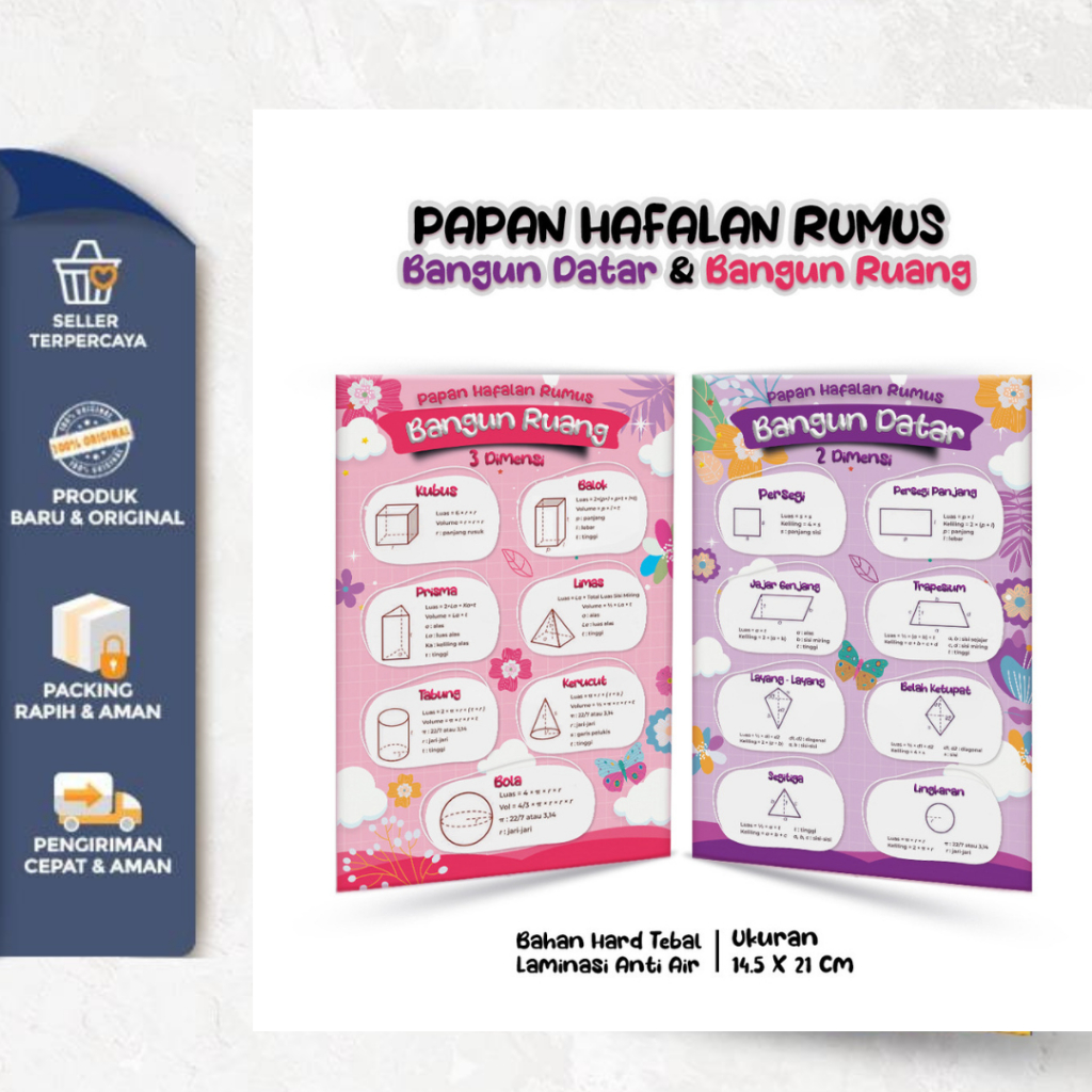 

Papan Hafalan Rumus Bangun Datar & Bangun Ruang Bahan Hard Tebal Laminasi Anti Air 14,5x21 Cm