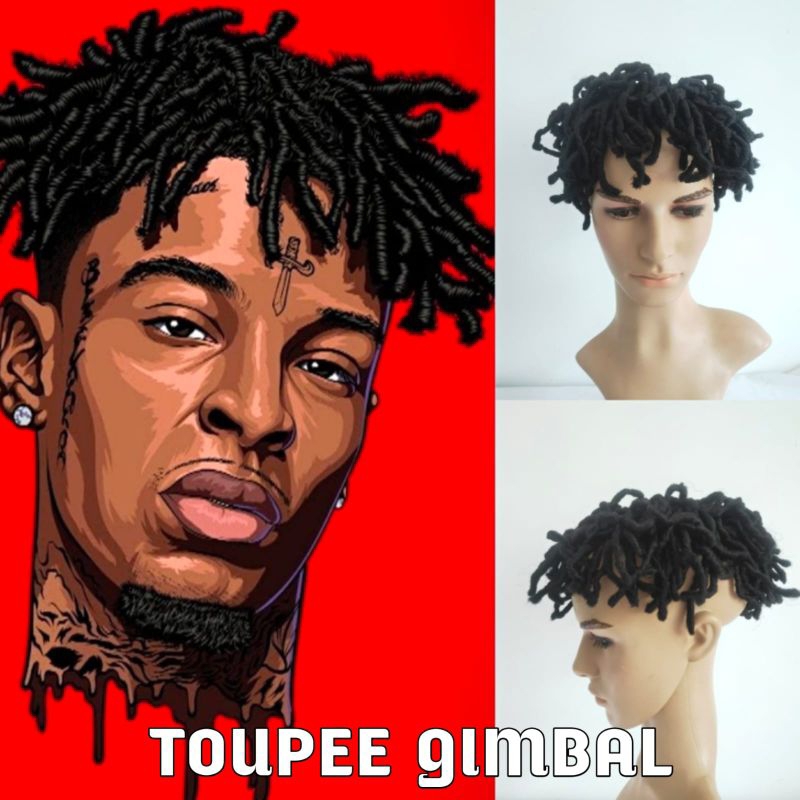 Toupee Pria Rambut Pendek Gimbal Warna Hitam Penutup Botak Pria Model Gimbal Gaya Orang Amerika