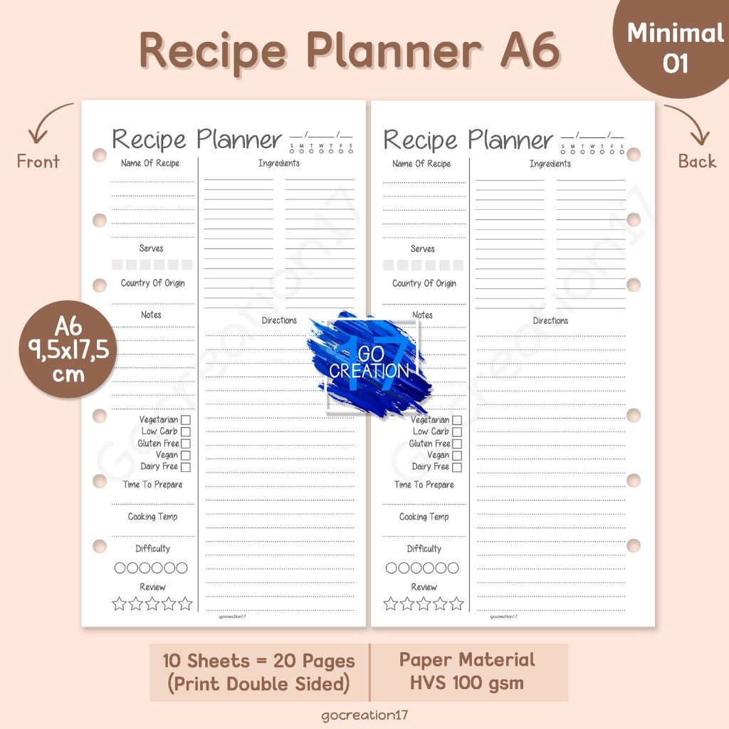 

Buku Planner Refill Kertas Isi Binder Recipe Plan Simple Minimalis A6