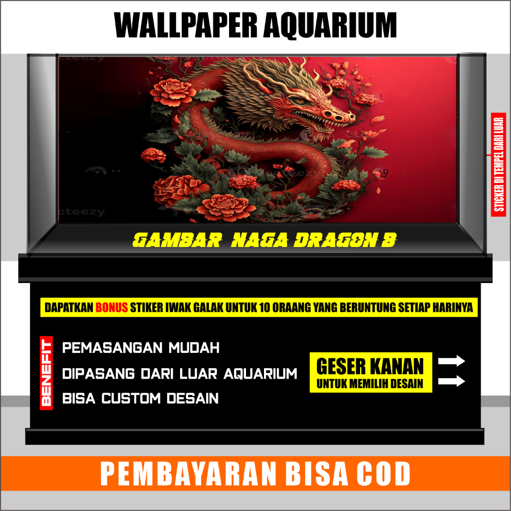 stiker background aquarium 3d timbul jumbo kaca akrilik besar full set aquaspace chana naga hitam 2