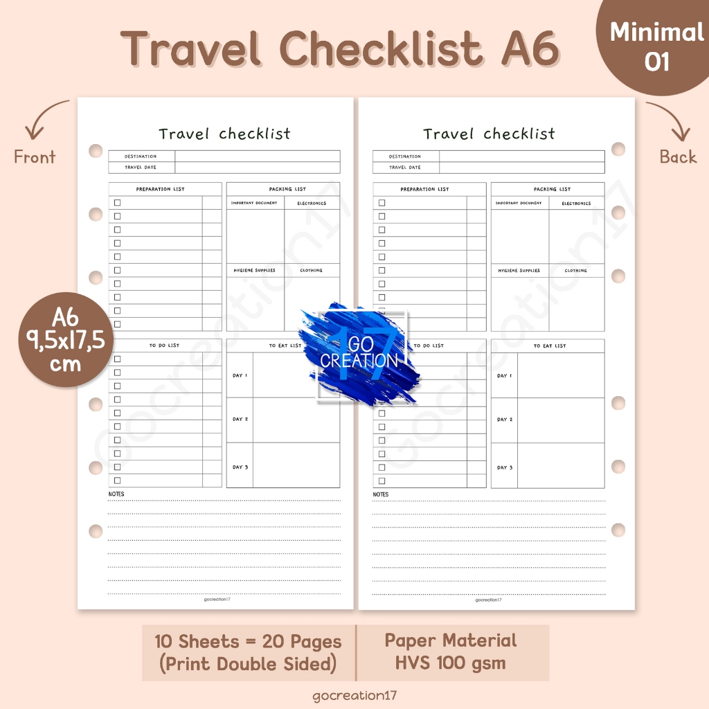 

Buku Planner Refill Kertas Isi Binder Travel Checklist Simple Minimalis A6