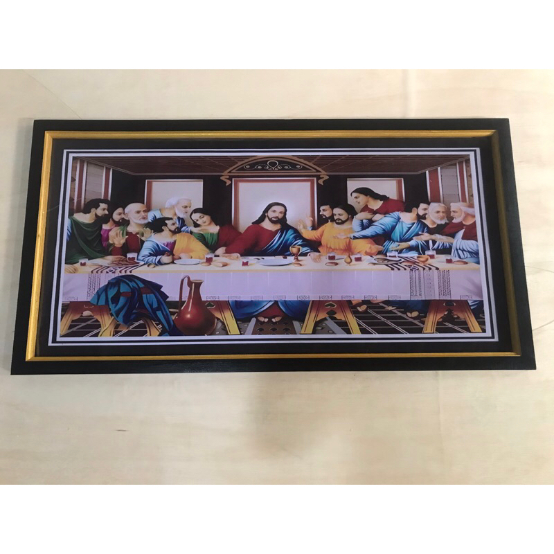 hiasan dinding gambar Yesus perjamuan kudus dengan bingkai hitam gold uk 100x50cm