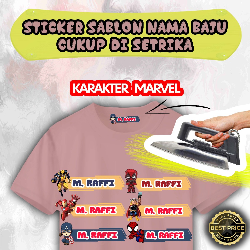 

RZT007 - SABLON SETRIKA LABEL NAMA ANAK KARAKTER MARVEL / KAOS SABLON SETRIKA / CUSTOM NAMA ANAK LUCU SABLON DTF (CUKUP DI SETRIKA)