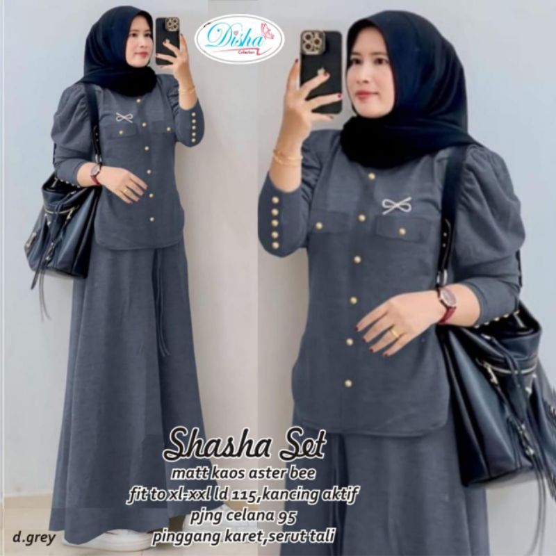 Shasha Set. Setelan Rok .Bahan Kaos Aster Bee. Lengan Balon.  Pinggang Karet  Serut Tali . Fashion W