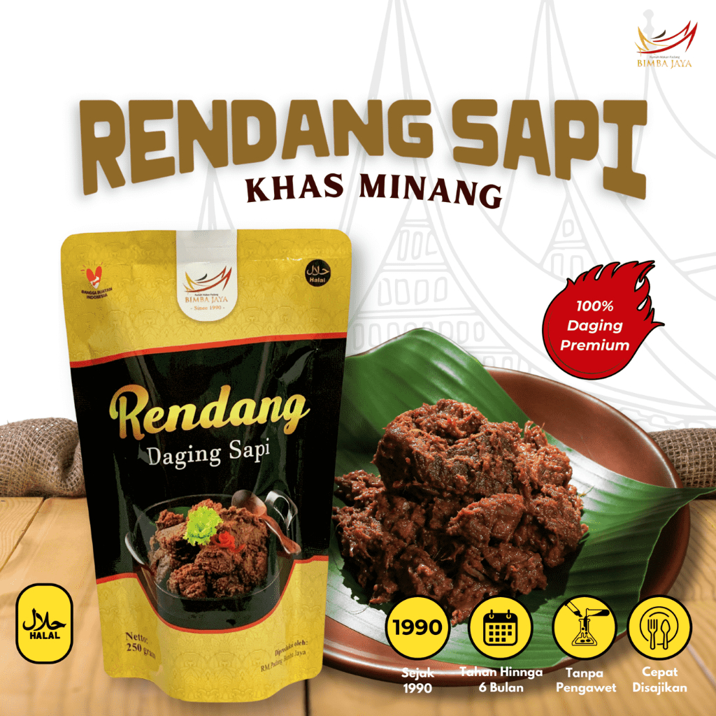 

Rendang Daging Sapi Minang Asli Padang Sachet Instan Siap Saji Tahan Lama Kemasan 300 gr BIMBA JAYA