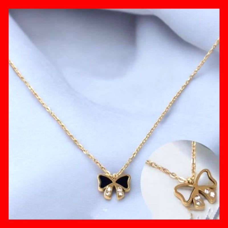 Kalung Terbaru Wanita Titanium Warna Gold Motif Pita Hitam Putih Anti Karat