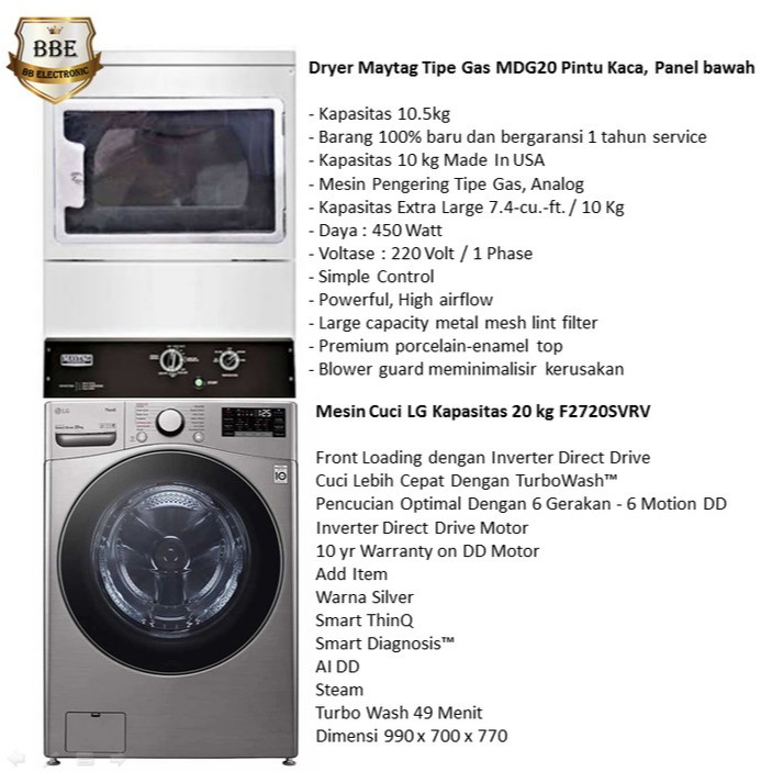 LG Mesin Cuci 20Kg F2720SVRV + DRYER MAYTAG MDG 20 KACA PANEL BAWAH