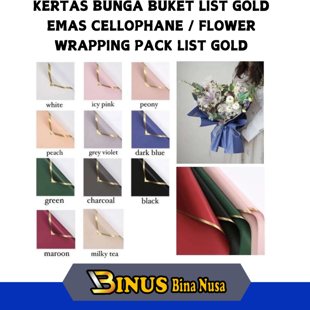 

Kertas Bunga Buket List Gold Emas Cellophane / Flower Wrapping Pack List Gold (PER LEMBAR)