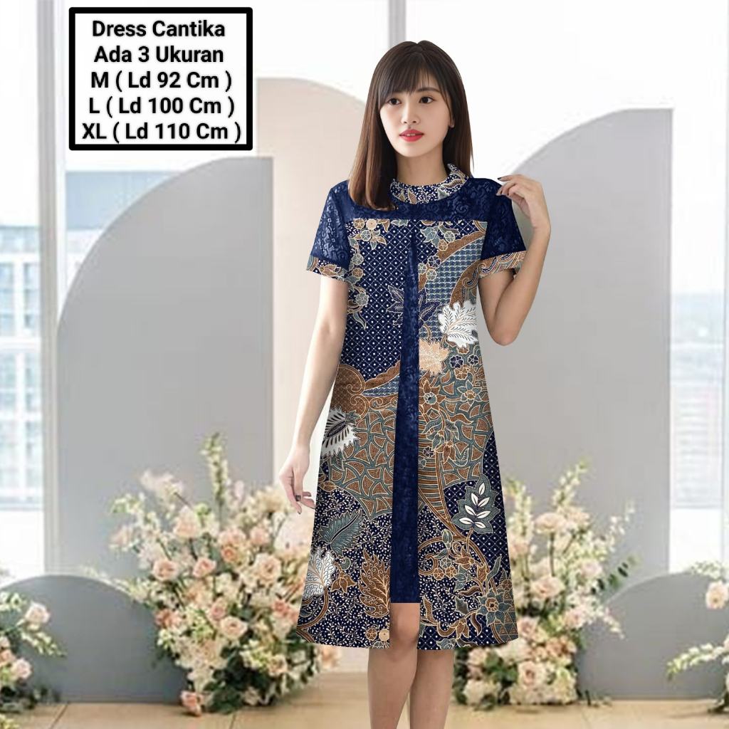 KLO Dress Midi Model Terbaru Batik Kombinasi Brokat Mutiara Cocok Untuk Kondangan/Dress Cantika
