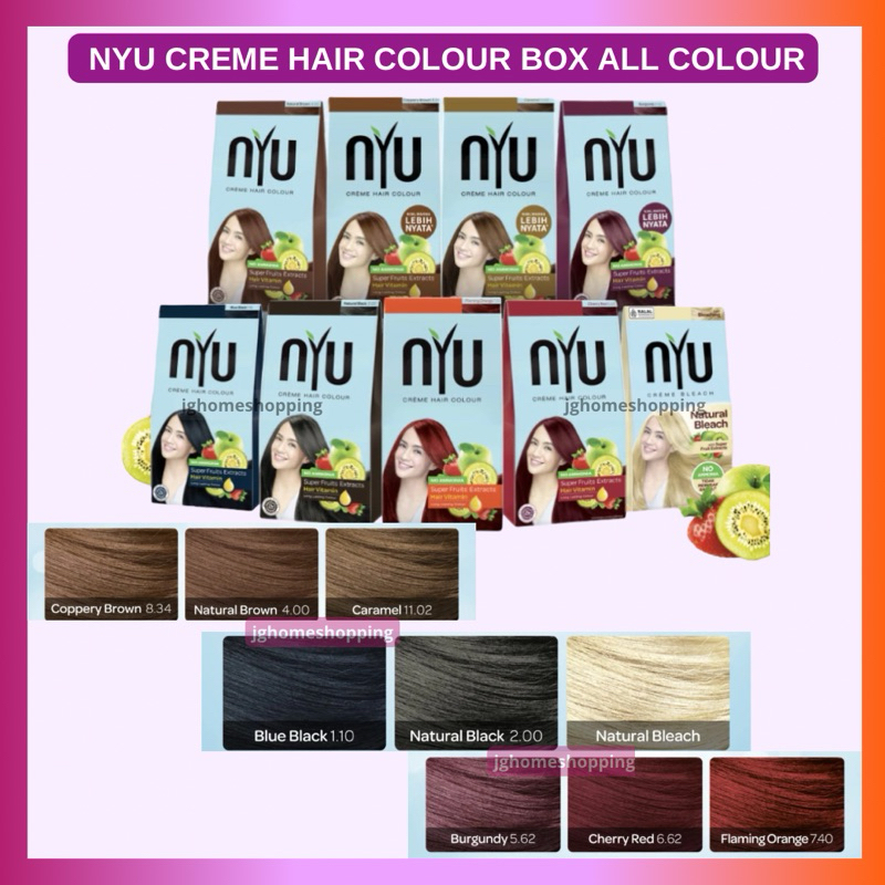 NYU CREME HAIR COLOUR BOX Caramel Natural Black Brown Bleach BlueBlack Coppery Burgundy ALL COLOUR