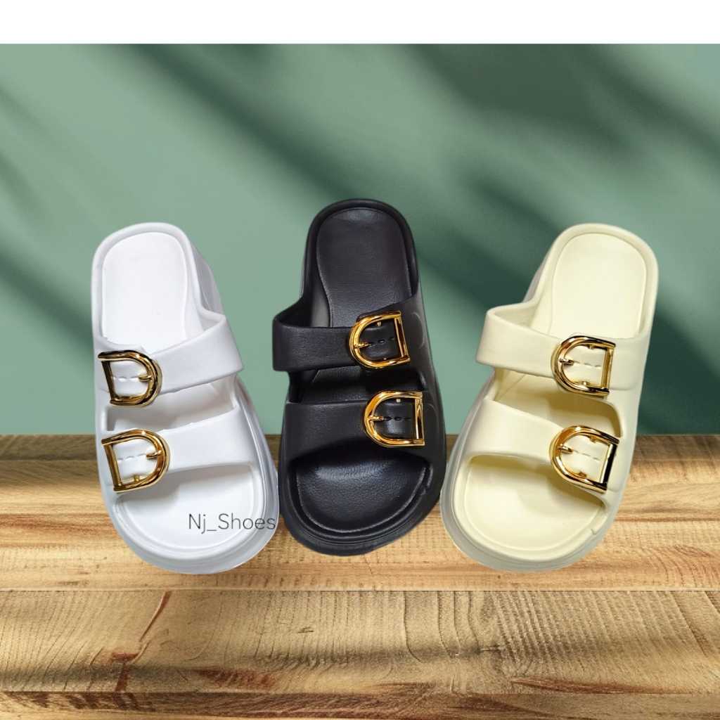 Sandal Wanita Wedges Tinggi Sandal Selop Wanita Bahan Karet Empuk Sandal Wanita Gesper Terbaru