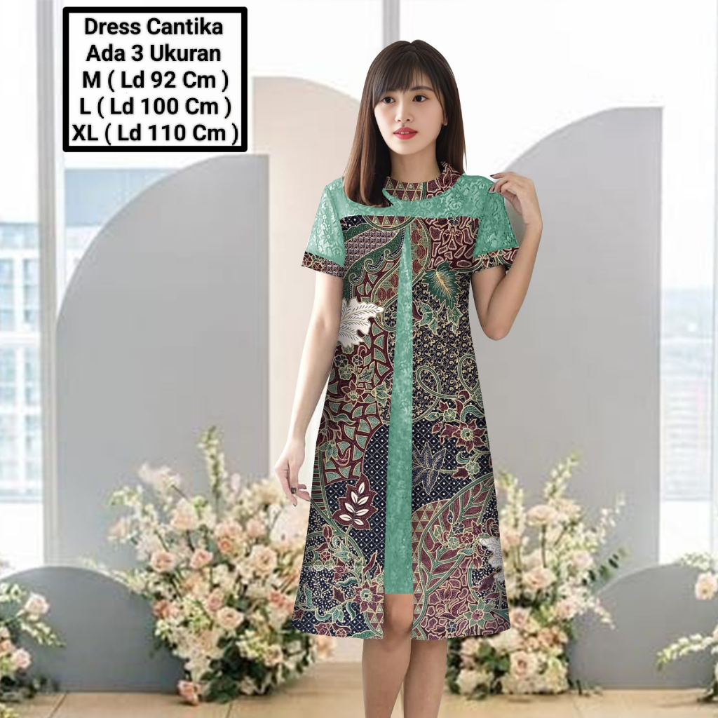KLO Dress Wanita Midi Model Terbaru Matt Batik Kombinasi Brokat Mutiara/Dress Cantika Batik Size