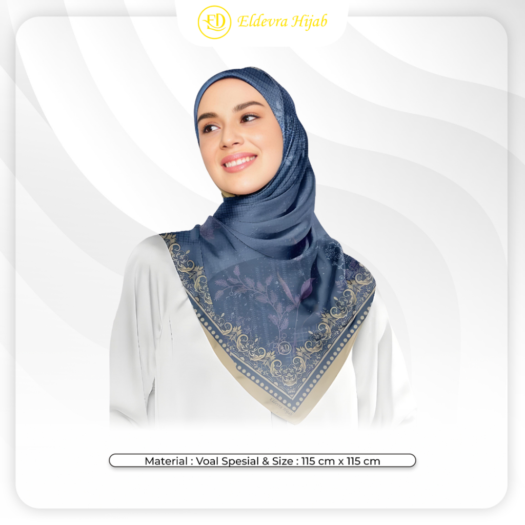 Eldevra Hijab Segiempat Motif Printing Meira Series Voal Premium Warna Biru Ukuran 115x115 Cm Jilbab