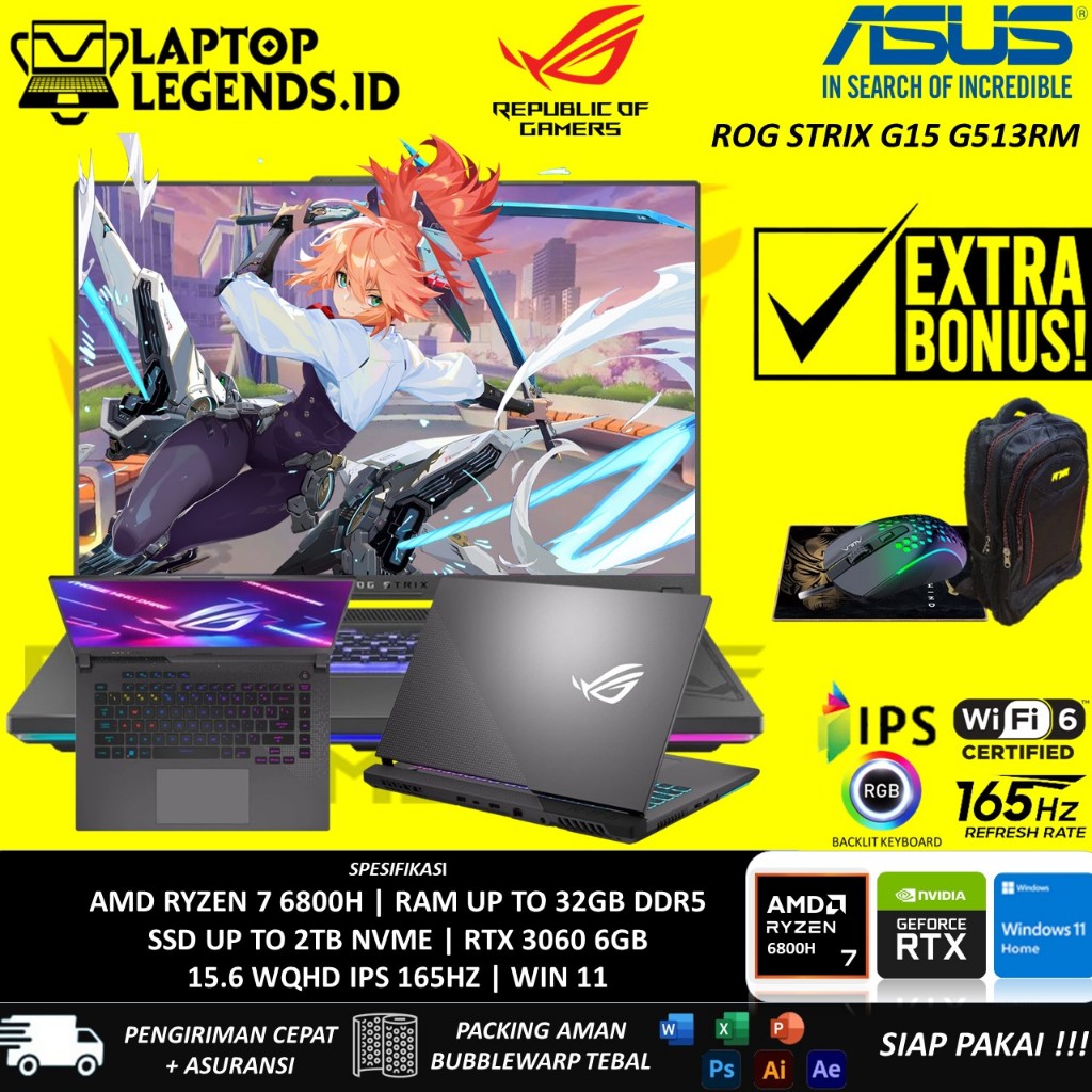 ASUS ROG STRIX G15 G513RM AMD RYZEN 7 6800H RAM 32GB DDR5 RTX3060 6GB WQHD IPS 165HZ ECLIPSE GREY