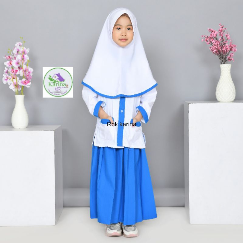 Seragam Sekolah Madrasah Ibtidaiyah Warna putih Biru Bahan Katun Cowok Cewek free Hijab