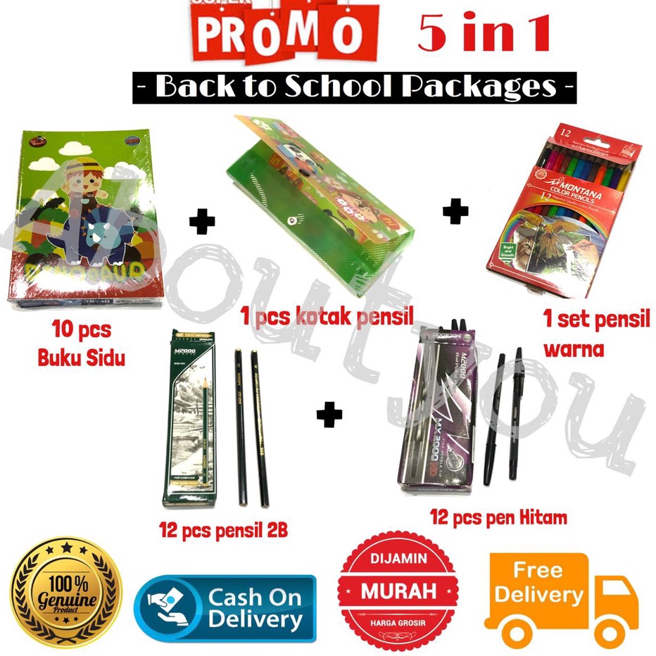 

KUALITAS OKE PROMO 5 in 1 PAKET Alat Tulis Sekolah Set LENGKAP Buku Kotak Pensil Warna Pen murah