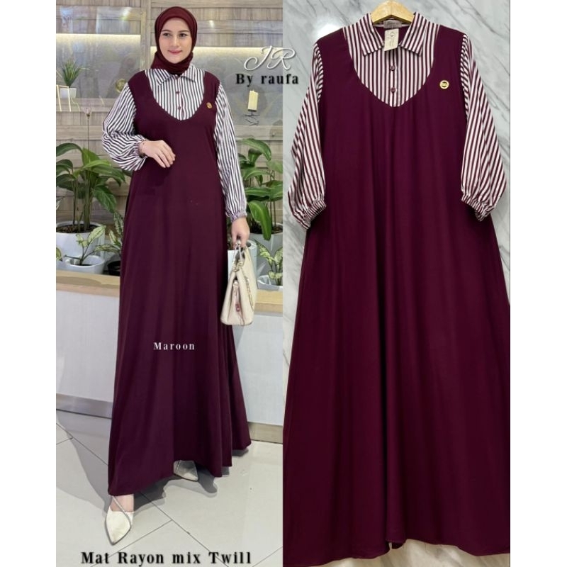 Hanami Dress Gamis Kombinasi Motif Salur