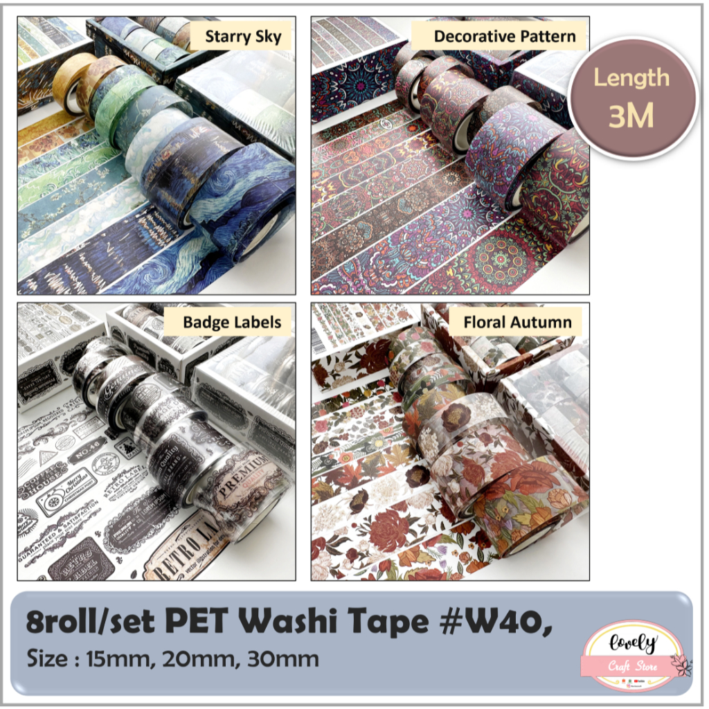 

LovelyCraftStore | W40 PET Washi Tape Selotip 8pcs/set Vintage Retro Paper Tape Basic Tape Art Bullet Journal Decoration Tape