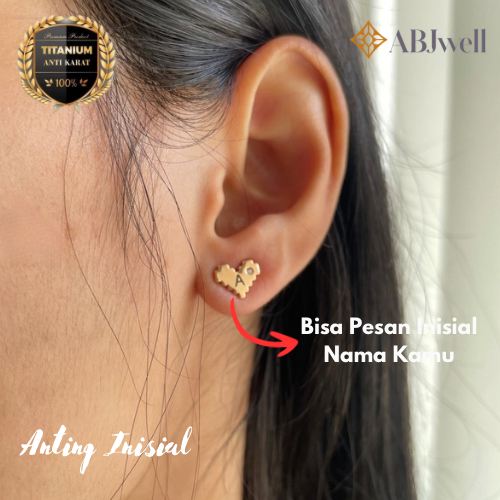 Abjwell_Store Initial LOVE Permata Earrings - Anting Tusuk Titanium Bisa Custom Huruf Inisial Nama A