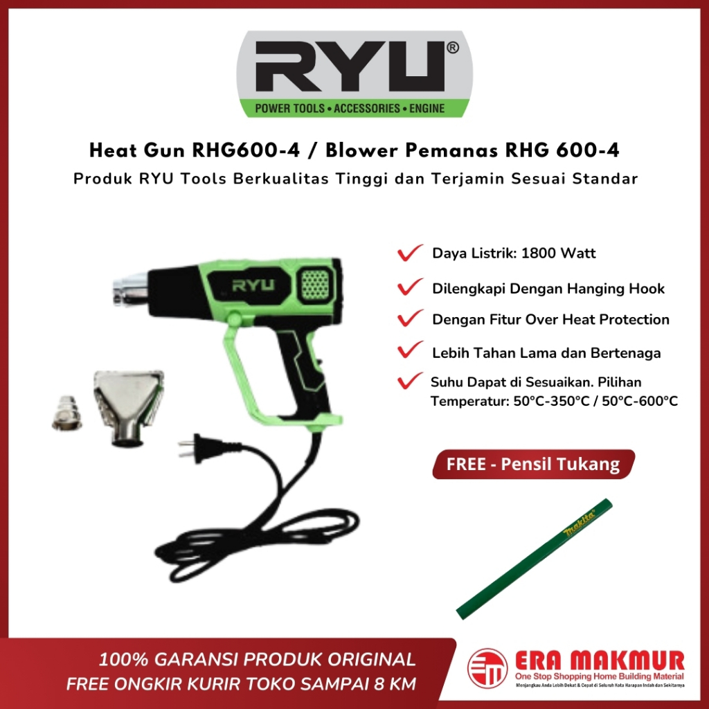RYU - Heat Gun RHG600-4 1800 Watt / Blower Pemanas Hot Air Gun / Mesin Pemanas 50-600°C Adjustable T