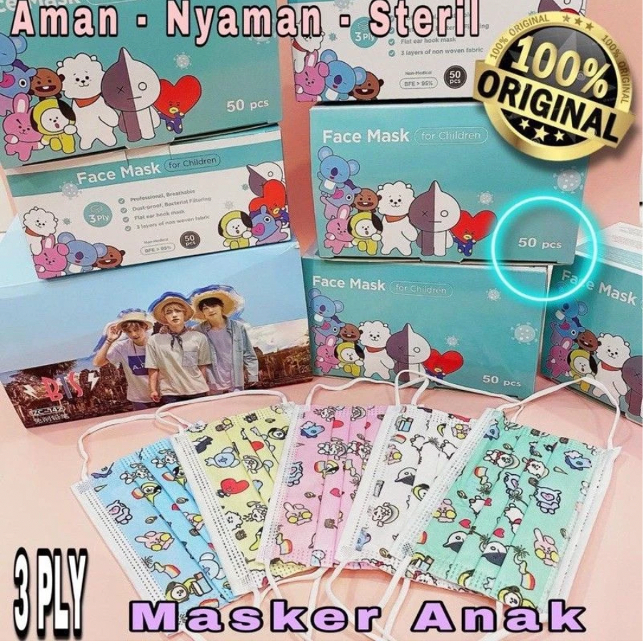 MAUVE MASKER ANAK BT21 3PLY ISI 10 / MASKER ANAK KARAKTER BT21
