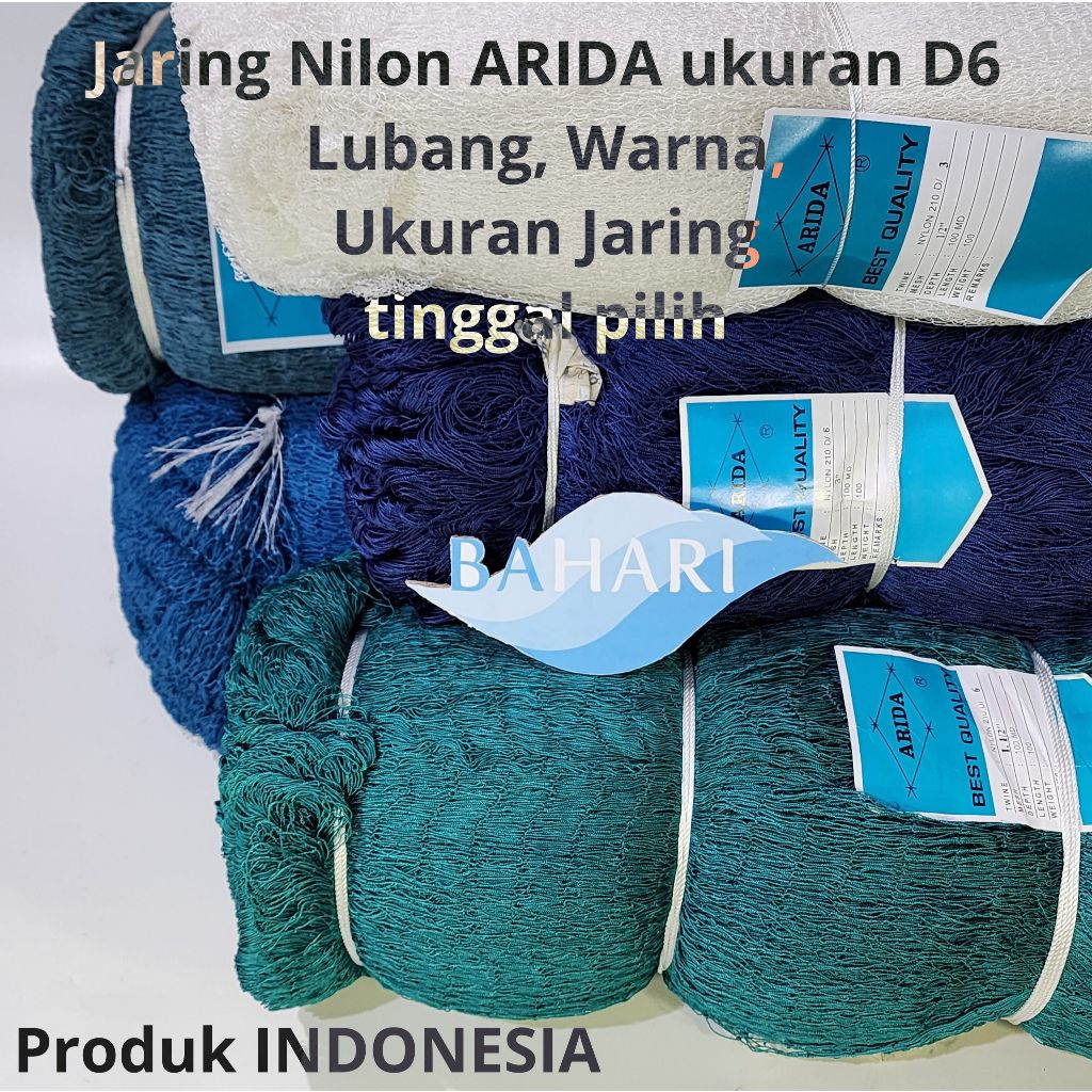 Jaring Ikan Arida Nilon 210D/6 lubang 2 1/2" ukuran jaring 100/100, 140/100, 400/100 (Nylon Multifil