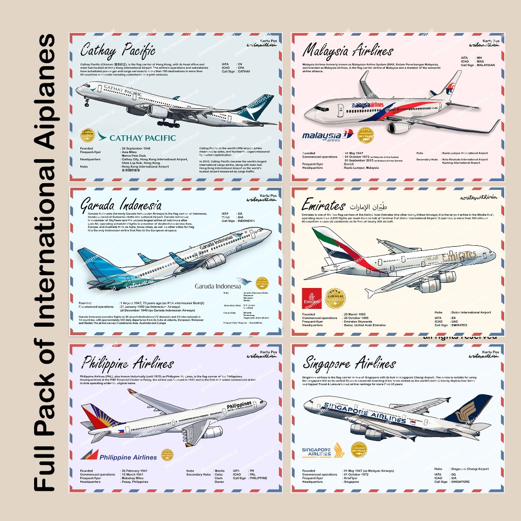 

(writeswithirin) Full Pack of International Airplanes Postcards/ Kartu Pos Pesawat Internasional