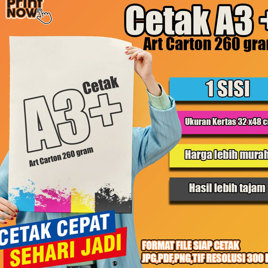 

Cetak A3+ Murah Meriah AC 260 (1 sisi)/ Poster / Print A3+/ Cover Buku / Foto Art Cover 260 Gram