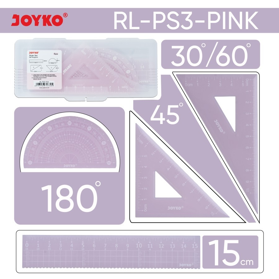 

Penggaris Joyko RL-PS3 1 Set (4 Pcs) Pink / Penggaris Joyko Warna Pink