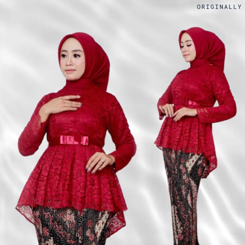 Setelan Kebaya Aurora Cantik Brukat Anak Dewasa Lengan Panjang Plus Rok Plisket Batik Warna Maron Me