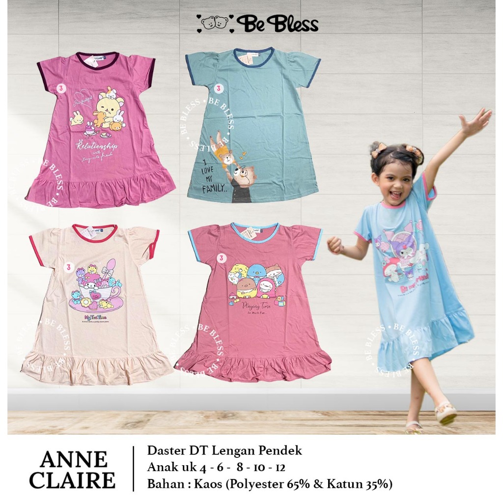 ANNE CLAIRE | Daster DT Anak Cewek Kaos Baju Tidur Dress Cewek Rumah Sleepshirt Karakter