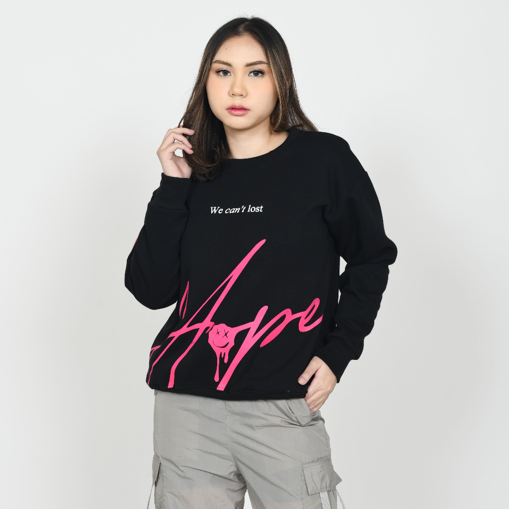 Crewneck Lembut Cotton Fleece - Varian HOPE Hitam - Putih Broken White