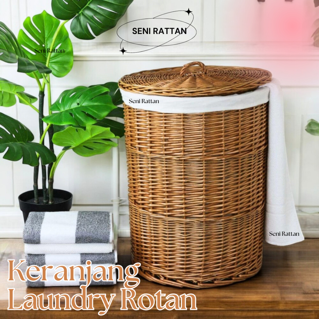 [COD] Keranjang Laundry Bulat Rotan Alami Anyaman Untuk Pakaian Kotor Tempat Cucian