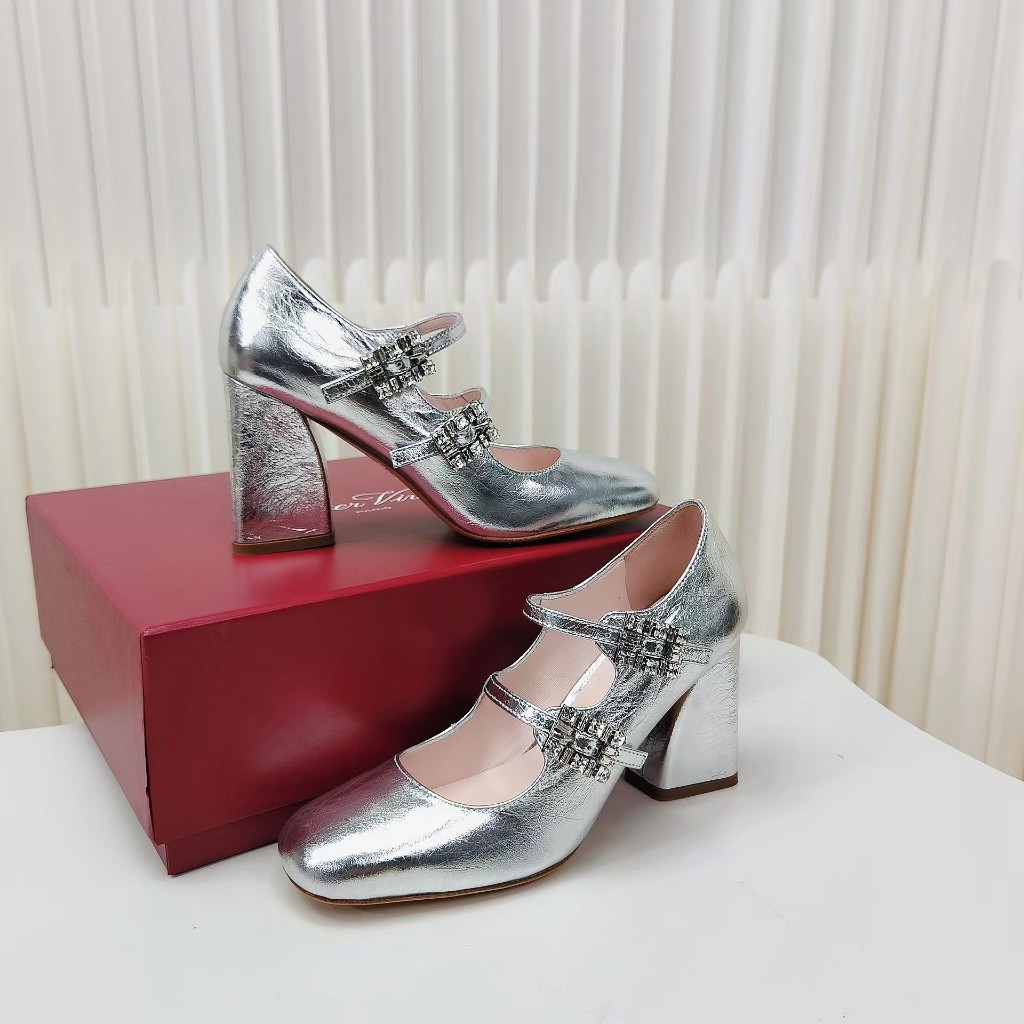 Roger vivier  RV  Tres Vivier Mini Babies   Diamond buckle wrinkled metal leather ballet shoes high 